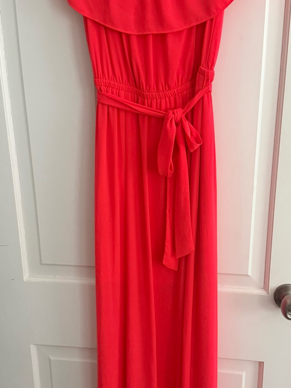 Express Hot Pink Coral Off-Shoulder Maxi Dress with Waist Tie Sz Small
